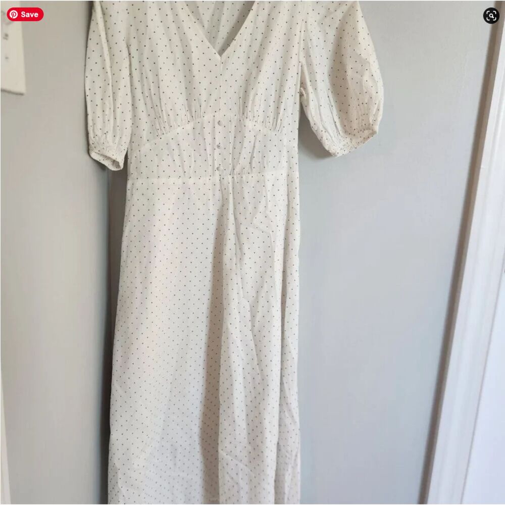 Banana Republic White Black Polka Dot Midi Dress Size 2 Puff Sleeve V-Neck